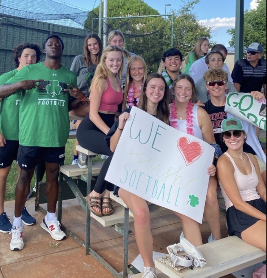 FCA members gather in the stands at the Aug. 18 softball game vs. Mount Saint Mary. The Irish won 15-3. 