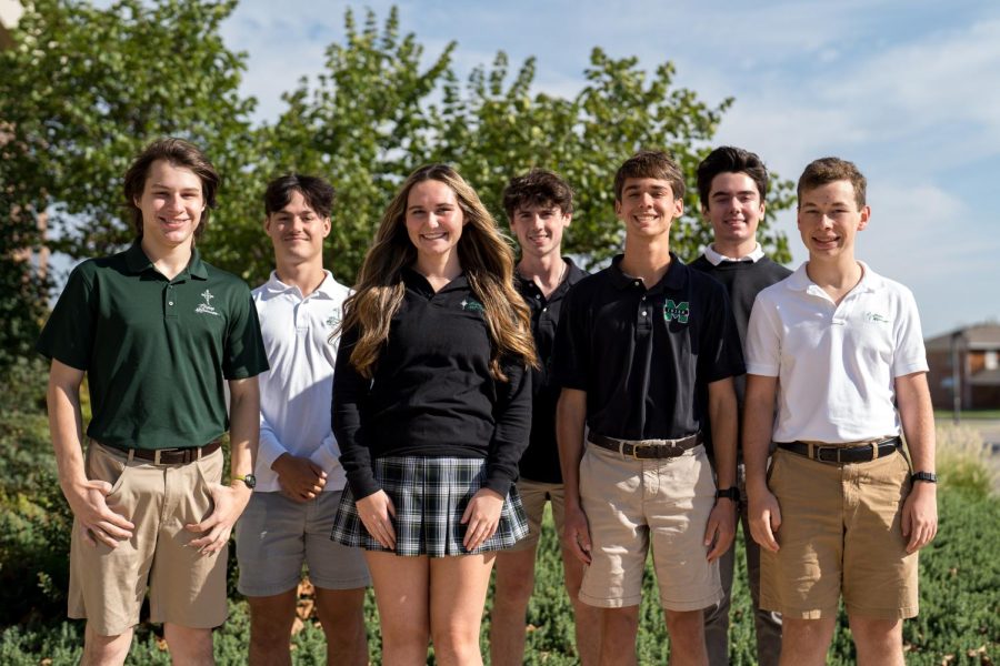 Jacob Love, Noah Rice, Maureen Grimes, Jack Dolan, Henry Ison, Encho Genchev, and Curt Schwager photographed together after school wide announcement of their achievement as National Merit Scholar Semifinalists. 
Photo by Tony Lopez 