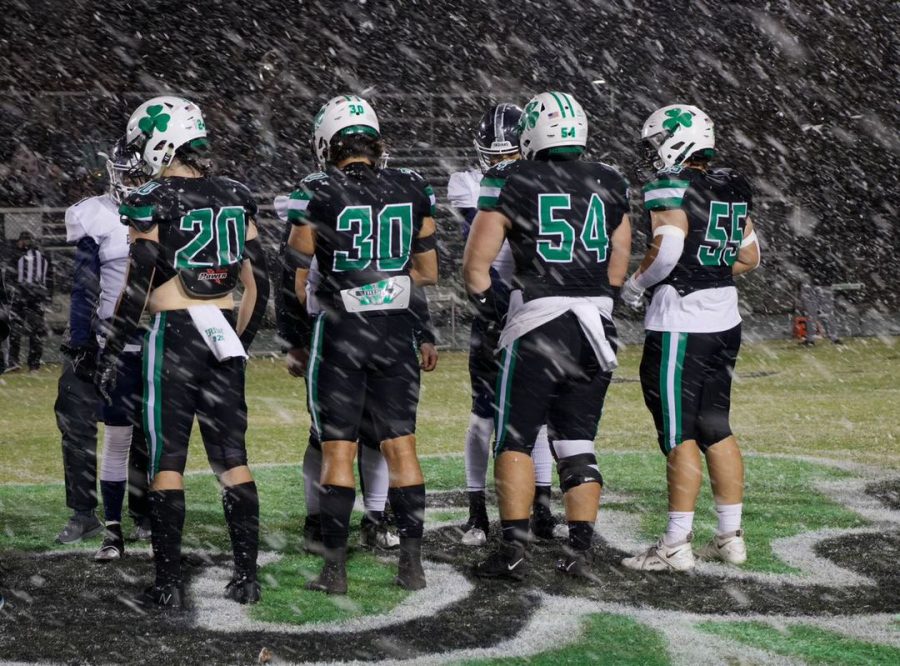 Senior captains Kellen Fraile, Kazeyn Bird, Harrison Wright, and Drew Chansolme meet the El Reno captains in the first round of playoffs on Nov. 11. The Irish won 46-24. They play Coweta in the next round next Friday. 