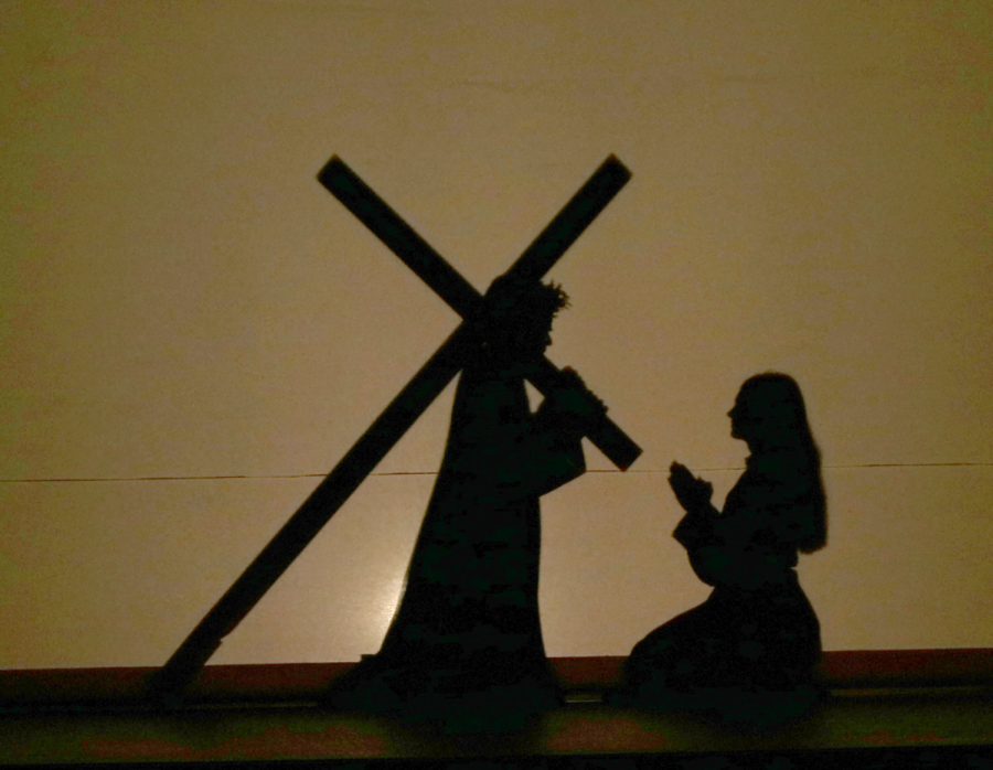 Seniors Jake Schwartz and Alyssa Schmit from Kelly Allen's Spiritual Leadership class presented the Stations of the Cross today.