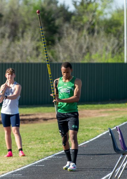 Freshman Tristan McCants prepares to pole vault at Bethany track meet April 6.
