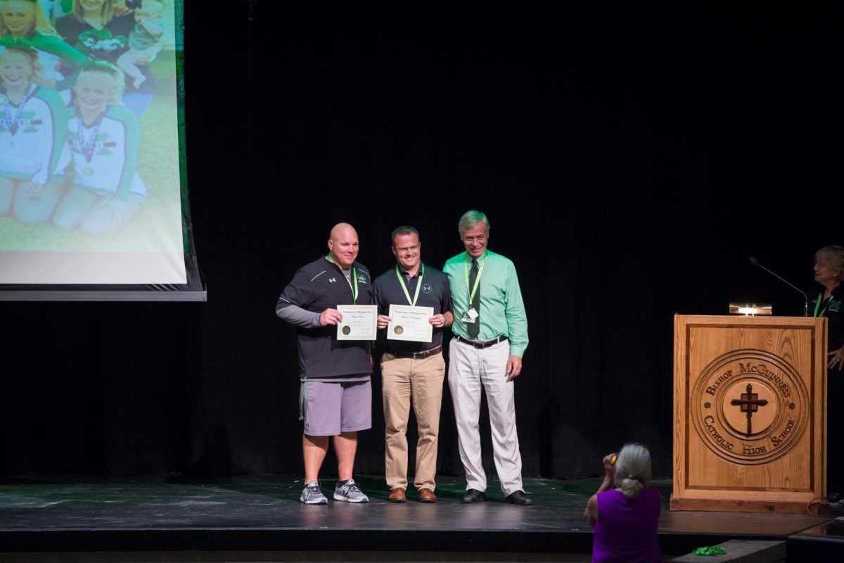 Assistant principal Andrew Worthington pictured with principal David Morton and Coach Brian Pierce. Photo courtesy of BMCHS advancement.