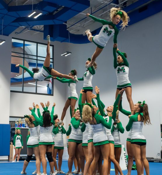 Irish Cheer team during the pyramid section of their state routine.