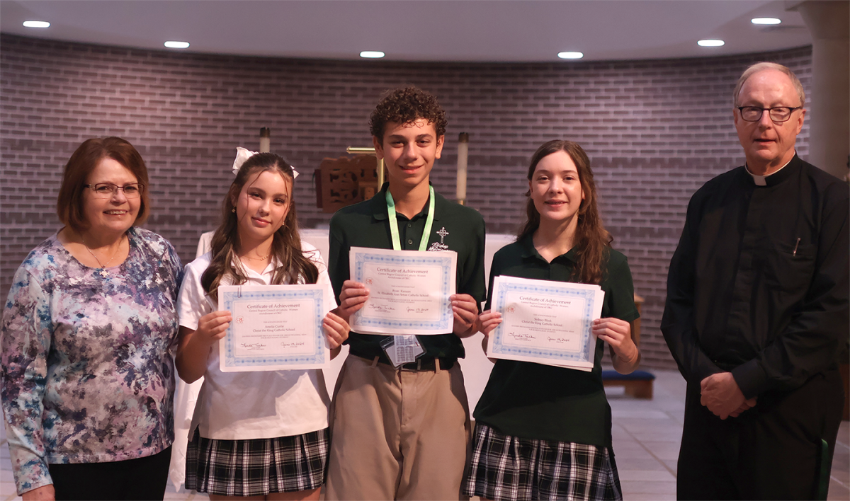 Pictured after receiving their awards are Representative Linda Tucker, Amelia Currie, Ryan Kanaan, Sydney Black and Father Rick Stansberry.