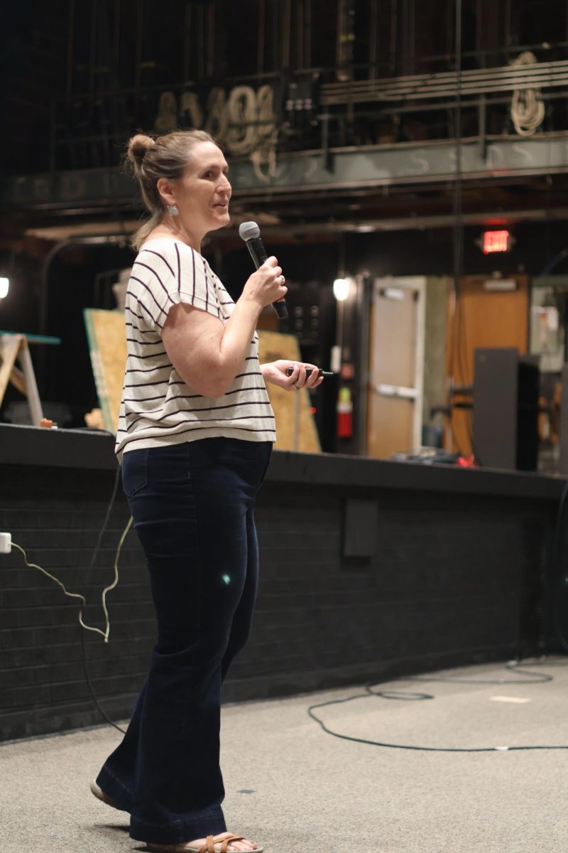 Jennifer Latham addresses the freshmen during her lecture over the Tulsa Race Massacre 